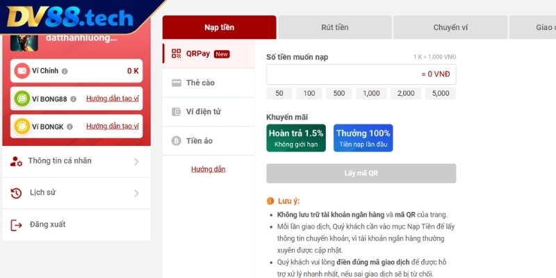 Nạp Rút Tiền Cực Nhanh DV88 1 Cách nạp tiền DV88 nhanh chóng